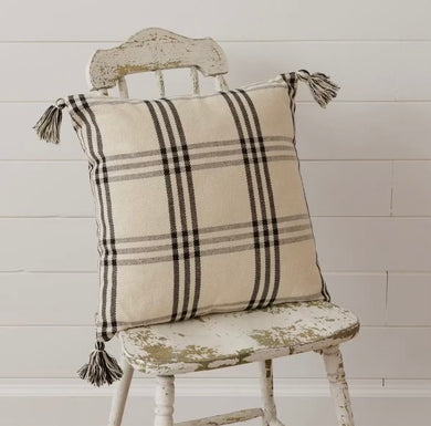 Black and Cream Plaid Pillow with Tassle