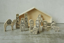 Load image into Gallery viewer, Wood nativity set with gold accents