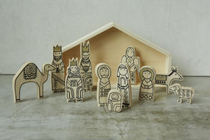 Wood nativity set with gold accents