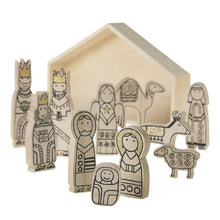 Load image into Gallery viewer, Wood nativity set with gold accents