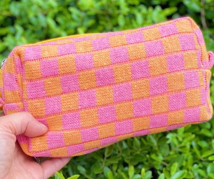 Toiletry Bag for Women, Pink Checkered Cosmetics Makeup Bag